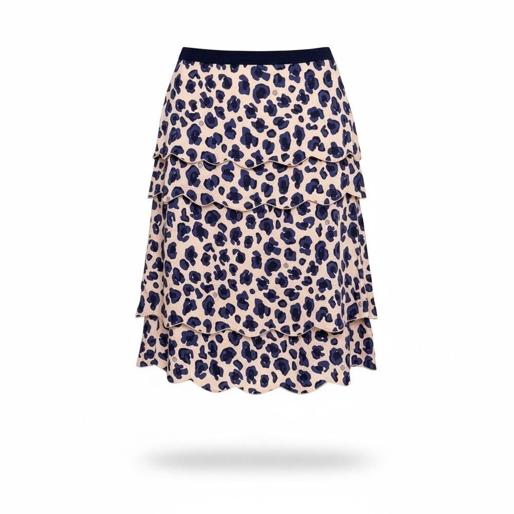 Tory Burch Meri Leopard Print Tiered Silk Blend Skirt 4 NWT
